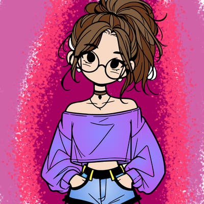 girl with a messy ponytail glasses a baggy crop top and jean shorts