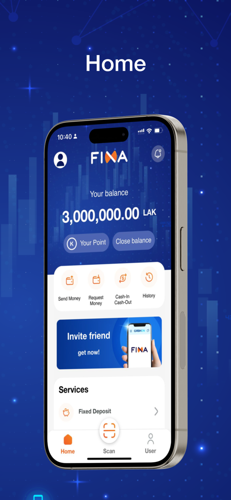 FINA App - FINA mobile banking app home screen showing account balance in LAK and quick access to financial services