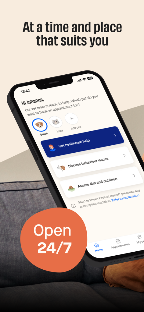FirstVet-App-Oberfläche mit Haustierprofilen und Buchungsoptionen für die Veterinärgesundheit rund um die Uhr
