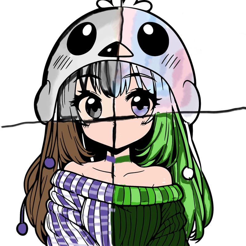 anime girl with chick shaped hat with sweater with bare shoulders with bangs covering them one eye with low tail