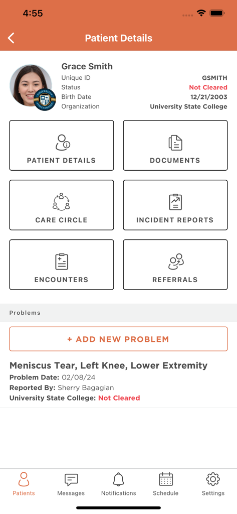 Healthy Roster - Healthy Roster mobile app screen displaying an athlete's patient details and injury history