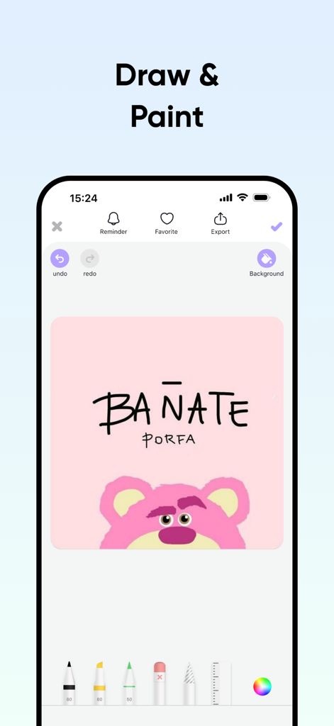 Color Note – Think Clearly - La interfaz de dibujo y pintura de la aplicación Color Note que muestra una ilustración de un oso rosa y herramientas creativas
