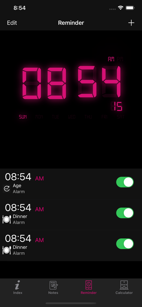 Reminder screen in the Medical Acronyms Pro app featuring a pink digital clock and list of active alarms