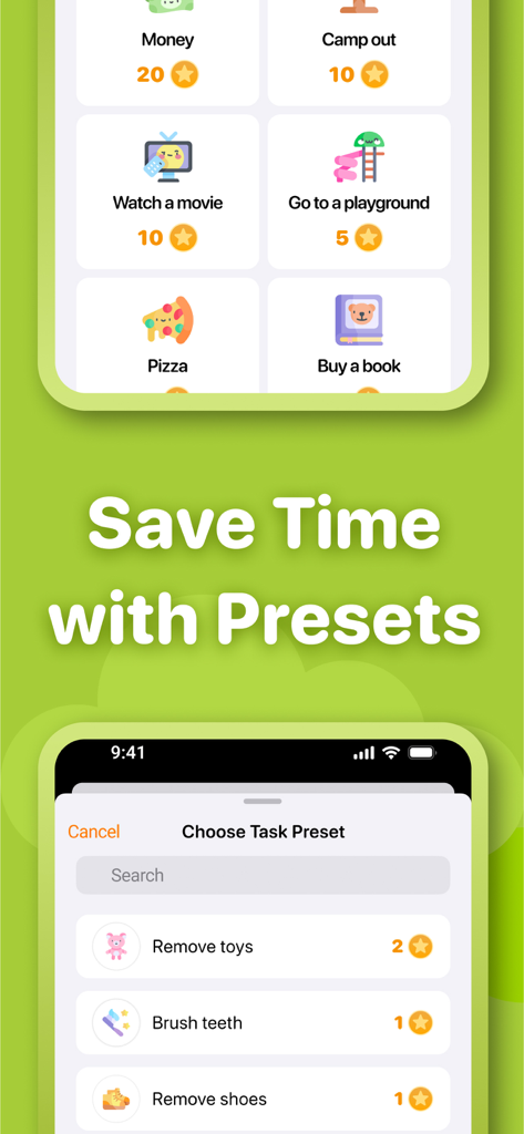 Neat Kid app screenshot showing pre-set chore lists and rewards for children using a star point system.