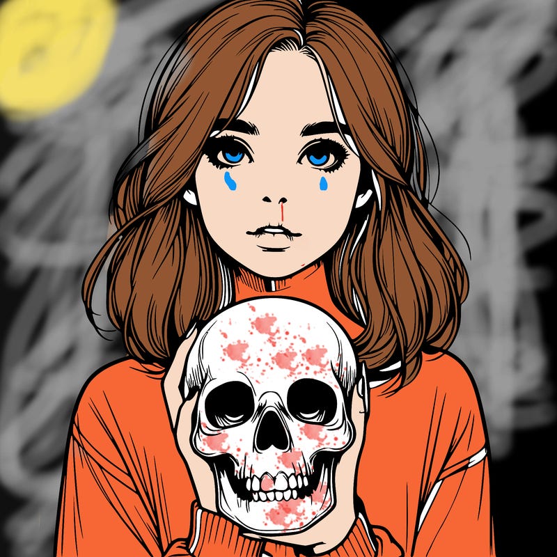 realistic girl holding a skull
