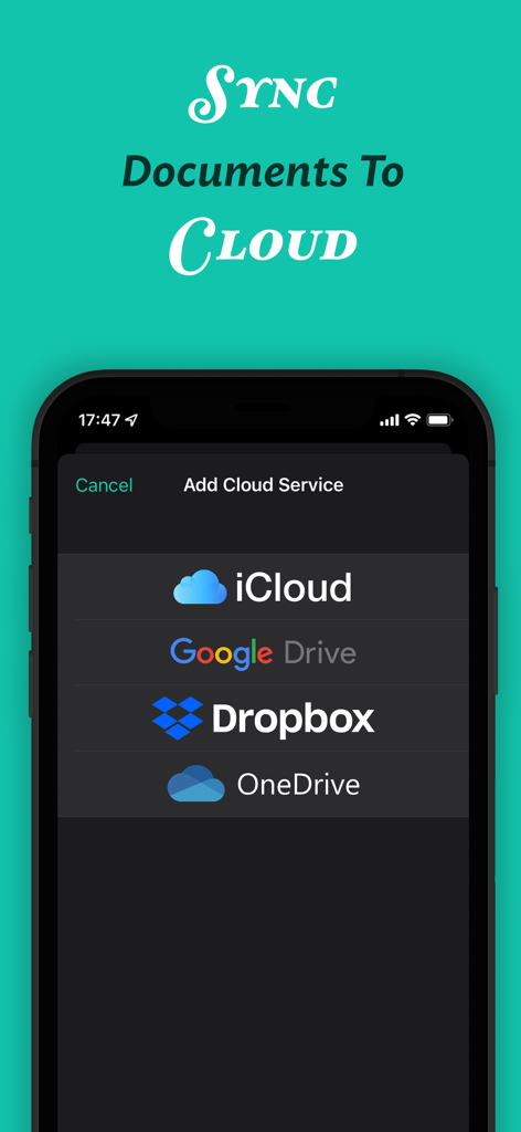 JotterPad - Novel, Screenplay - JotterPad 앱 인터페이스에서 iCloud, Google Drive, Dropbox 및 OneDrive와 문서를 동기화하는 옵션을 보여주는 중
