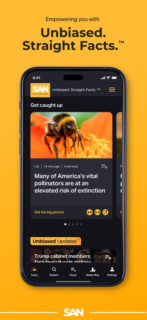 Tela inicial do aplicativo Straight Arrow News apresentando artigos de notícias imparciais e fatos