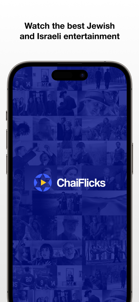 ChaiFlicks app home screen showing the logo and a collection of Jewish and Israeli film scenes