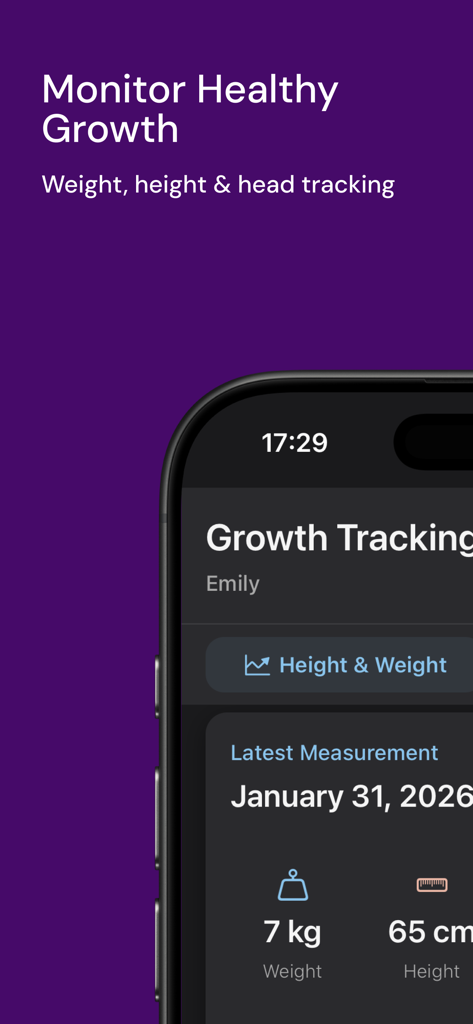 Baby Tracker – Feed & Sleep - Growth tracking screen in Baby Tracker app showing weight and height measurements for a baby