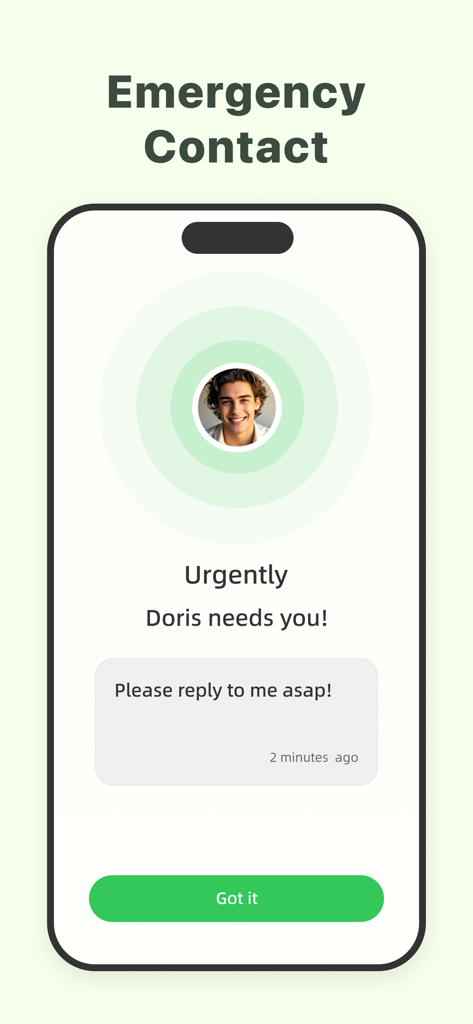 Lookusアプリの緊急連絡先画面。パートナーからの緊急メッセージが表示されています