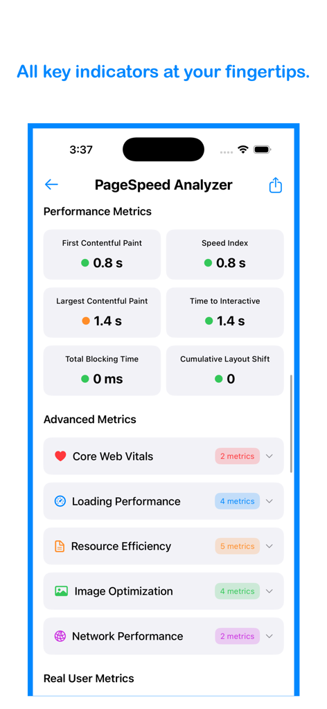 Panel de la aplicación móvil que muestra métricas de rendimiento del sitio web e indicadores de Core Web Vitals