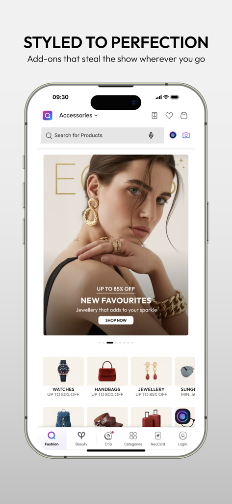 Tata CLiQ Fashion Shopping - Tata CLiQ mobile app interface showing fashion accessories and jewelry collections with discounts