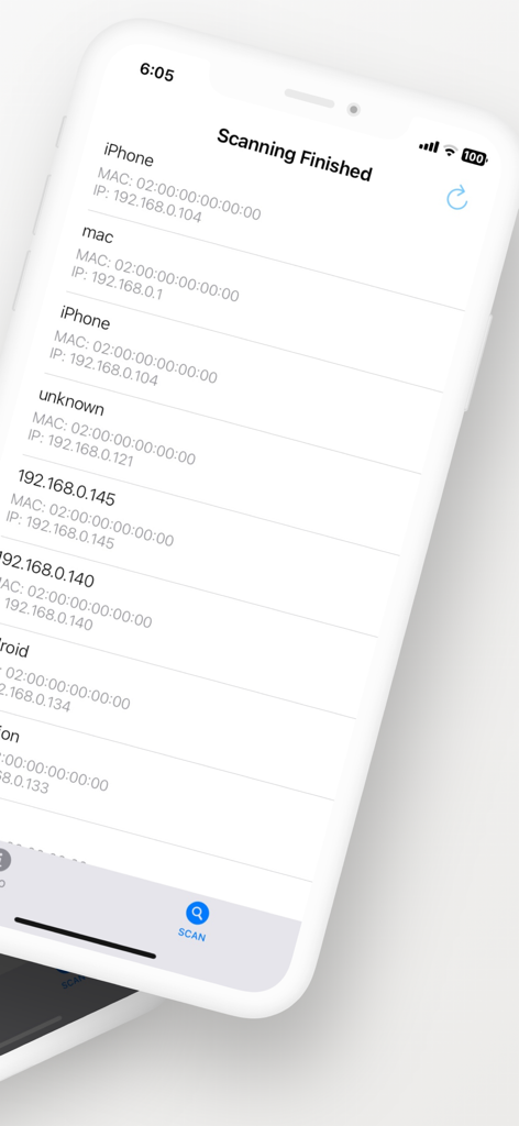 A smartphone screen displaying a list of devices connected to a WiFi network including IP and MAC addresses.