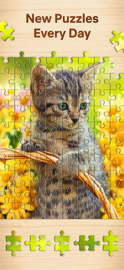 Kitten and yellow flowers jigsaw puzzle with text New Puzzles Every Day