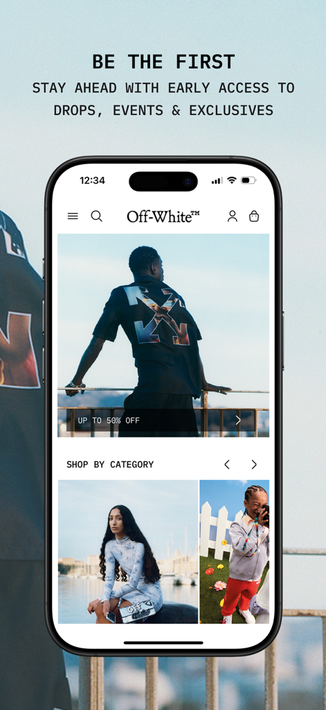 Off-White - Off-White mobile app homepage showing early access to fashion drops and exclusive collections