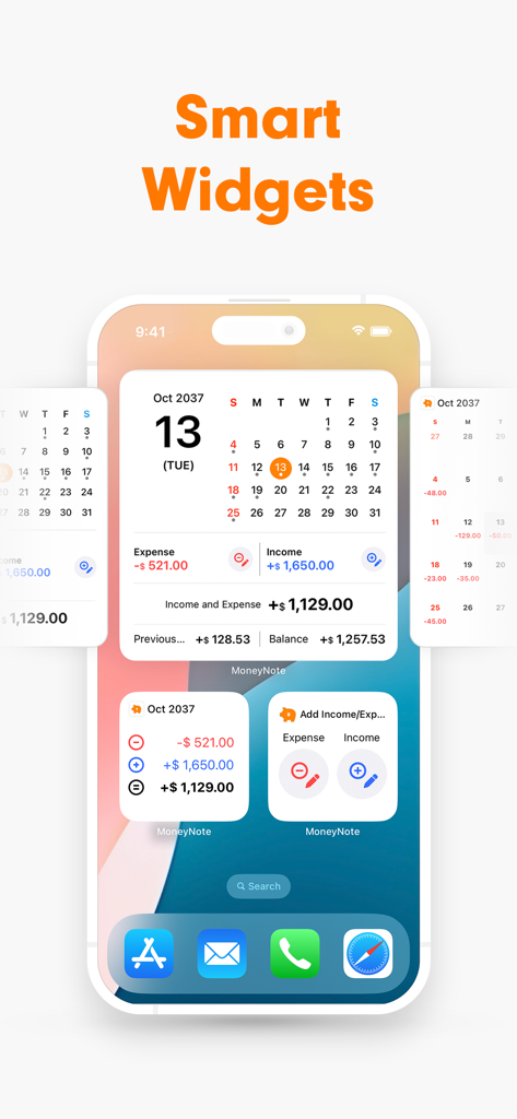 Expense Tracker - Money Note - Schermata iniziale dell'iPhone che mostra widget intelligenti per il monitoraggio delle spese e delle entrate