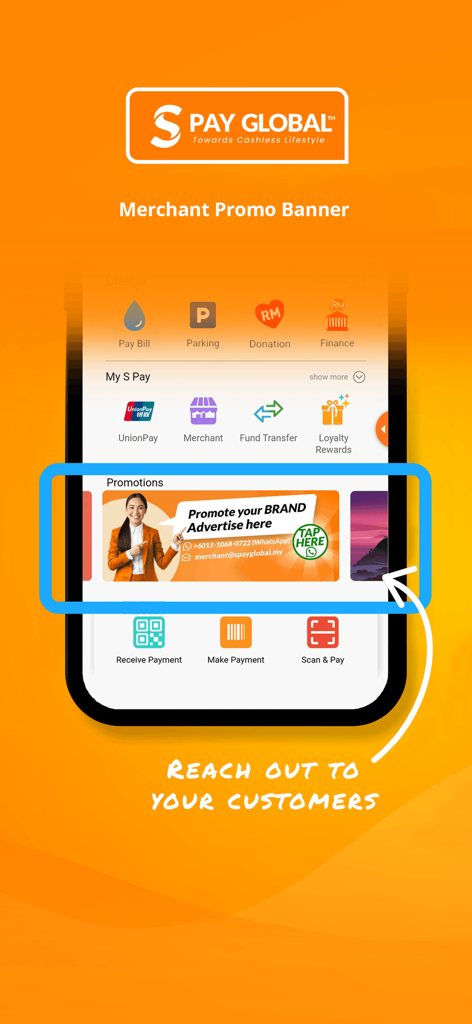 S PAY GLOBAL app interface showing merchant promotion banners and financial service icons