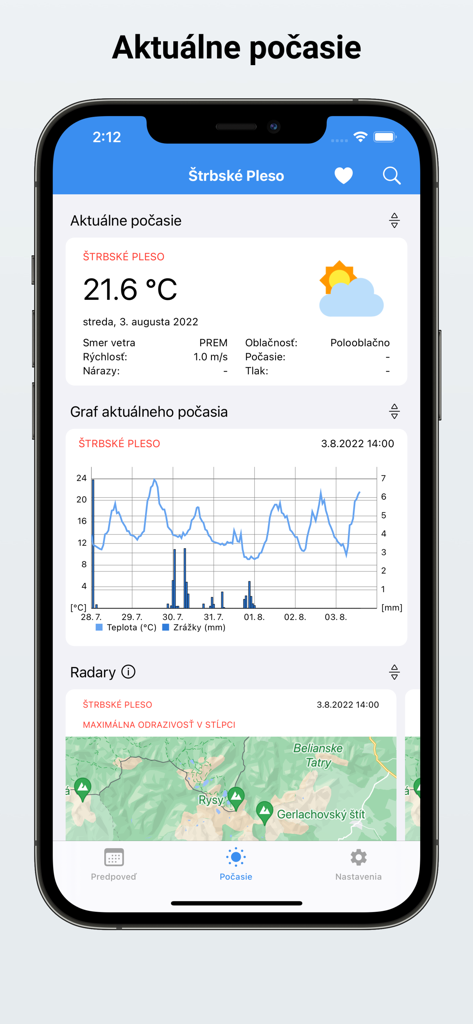 iSHMU - Interface de l'application météo iSHMU affichant le graphique de température actuel et la carte radar pour Strbske Pleso, en Slovaquie.