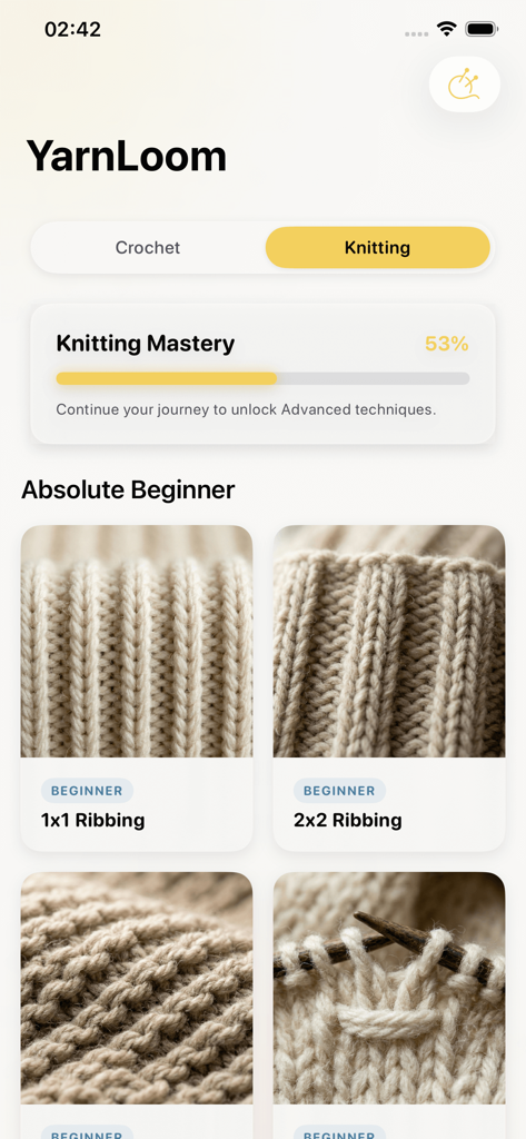YarnLoom：Crochet & Knitting - Captura de pantalla de la aplicación YarnLoom que muestra la sección de tejido con una barra de progreso de dominio y tutoriales de puntos para principiantes como el punto de canalé.