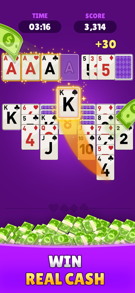 Solitaire Flash: Win Real Cash - Solitaire Flash game screen showing cards and a win real cash announcement