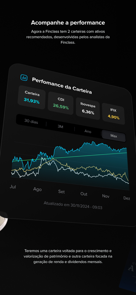 Finclass - Aprenda a Investir - Finclassアプリのポートフォリオパフォーマンスチャートを表示するスクリーンショット。CDIやIbovespaなどの金融ベンチマークと比較した投資収益率を示しています。