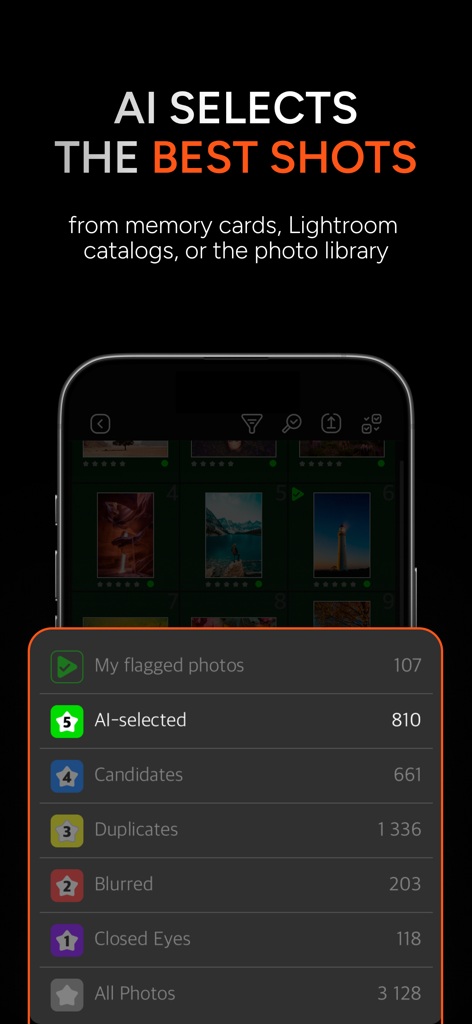 AI Photo Culling — PhotoPicker - Interfaz de la aplicación de Corte de Fotos con IA que muestra categorías como fotos seleccionadas por IA, duplicadas y borrosas para una selección rápida.