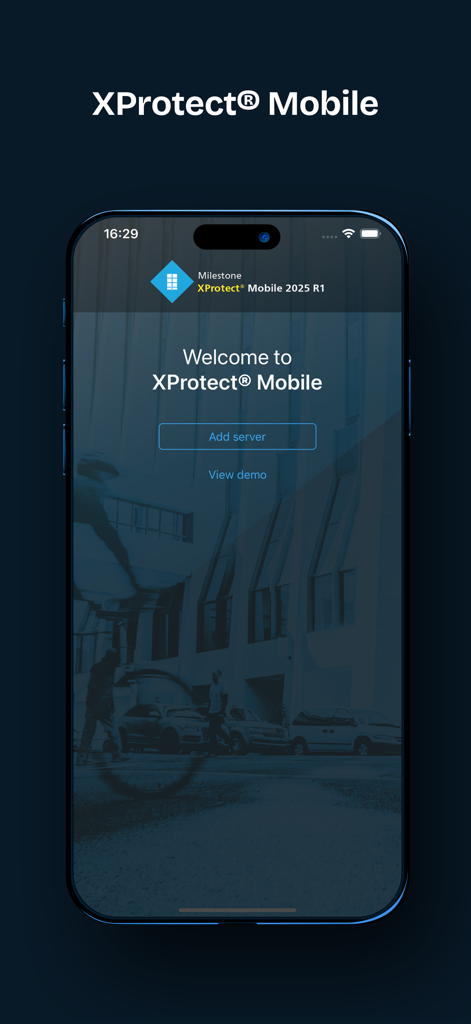 XProtect® Mobile - XProtect Mobile security app welcome screen on an iPhone