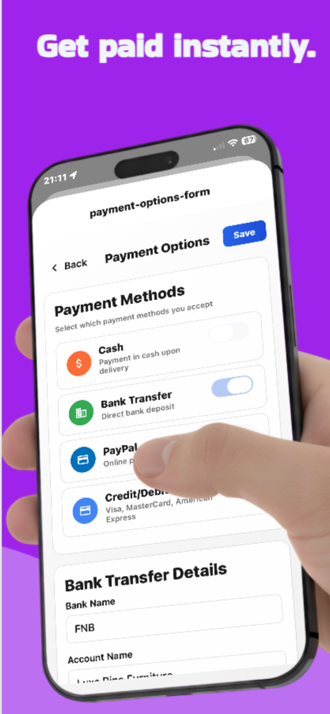 Invoice maker : invoice app - Uma interface móvel para selecionar métodos de pagamento de fatura, incluindo dinheiro, transferência bancária e PayPal.