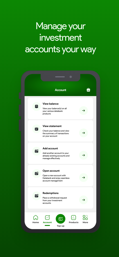 Databank Group mobile app screen showing investment account management features like view balance and open account