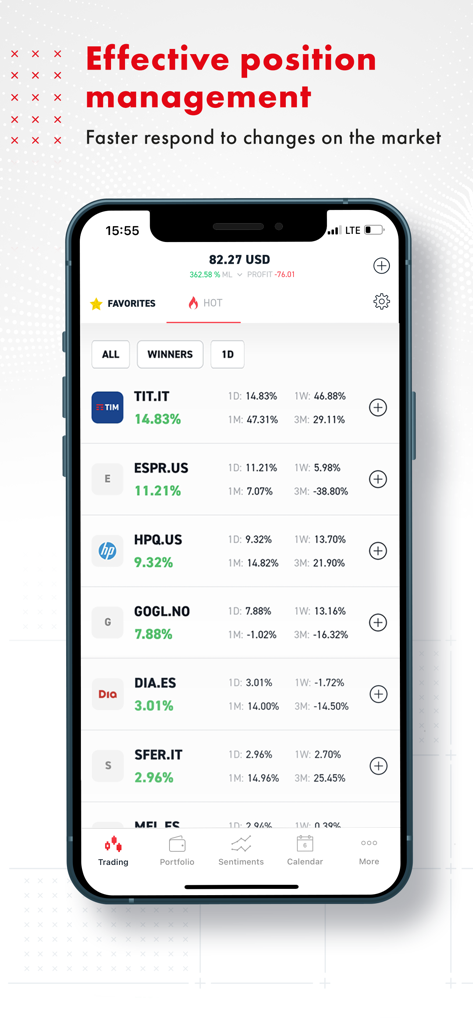 Mobile interface of XOH Trader app displaying a list of stock winners and market performance