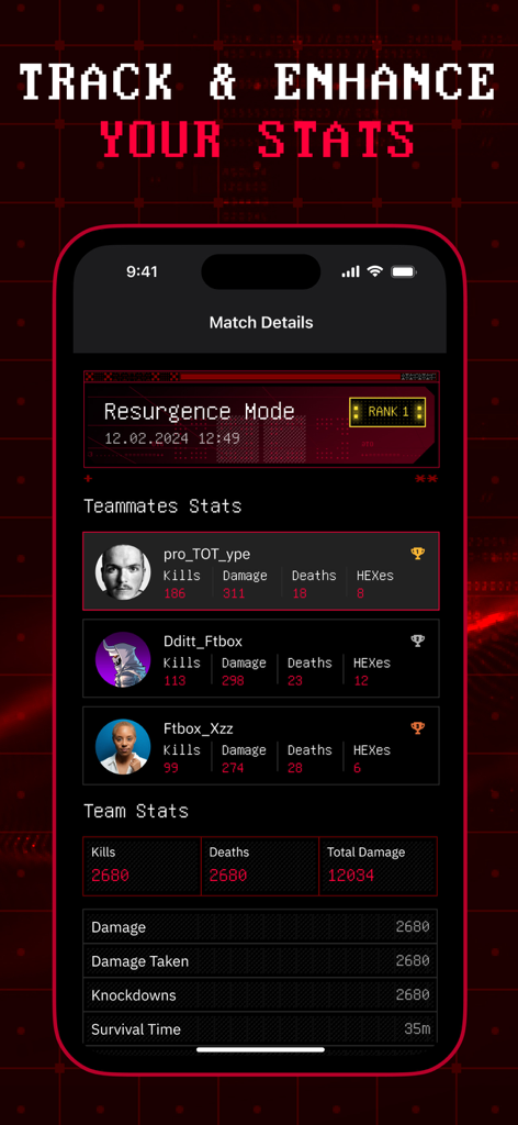 Una pantalla móvil que muestra estadísticas detalladas de partidas, incluido el rendimiento de los compañeros de equipo y las eliminaciones del equipo en la aplicación complementaria Off The Grid.
