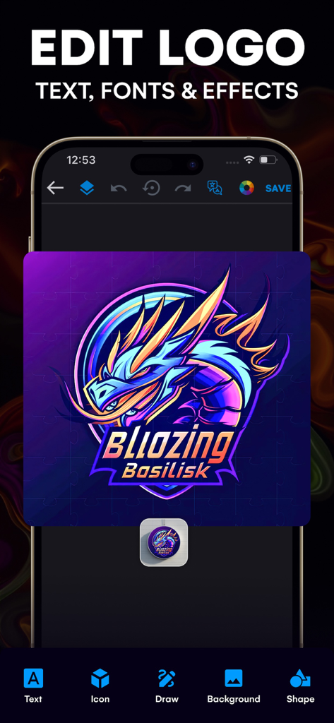 Interface de aplicativo móvel mostrando a tela de edição para um logotipo de jogo com tema de dragão com ferramentas de fonte e texto.