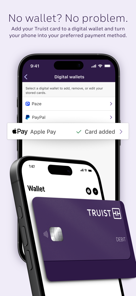 Screenshot of Truist Mobile app showing digital wallet setup with a debit card added to Apple Pay