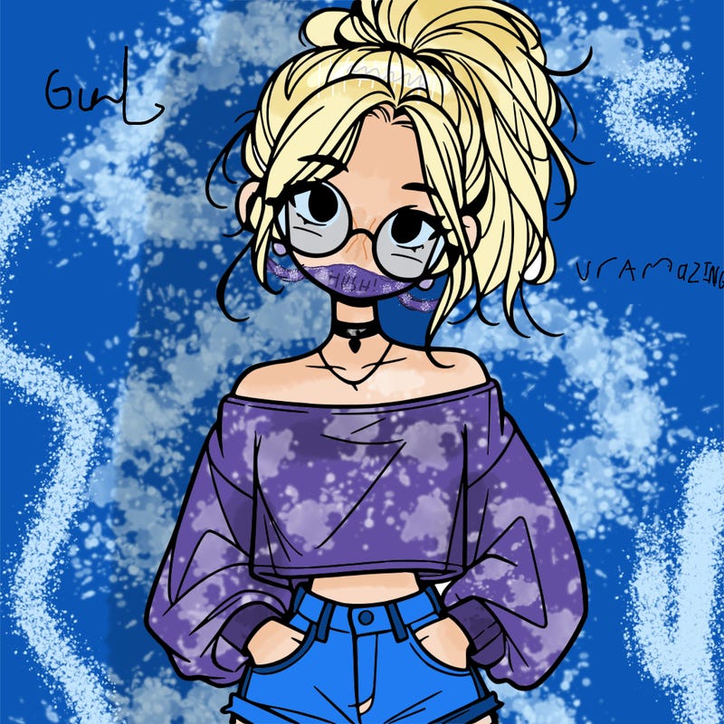 girl with a messy ponytail glasses a baggy crop top and jean shorts