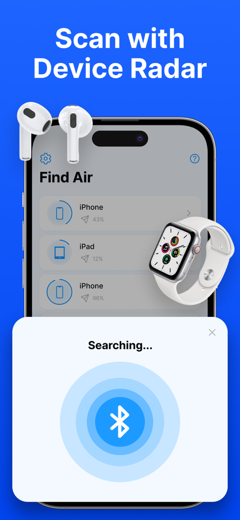 Device Tracker – Find Phone - Device Tracker app interface showing a Bluetooth radar scanning for lost AirPods and Apple Watch