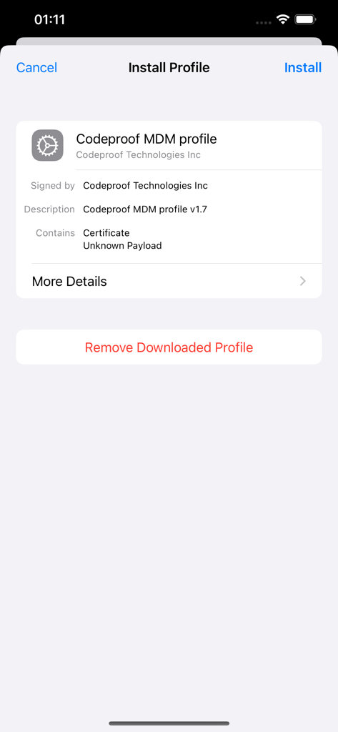 Cyber Device Manager® - iOS system screen for installing the Codeproof MDM profile