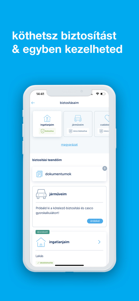 K&H mobilbank - Tela do aplicativo K&H mobilbank mostrando opções de gerenciamento de seguros para casa e veículos