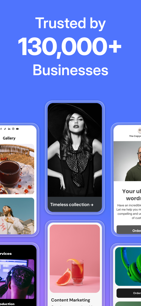 Neo Email & AI Site Creator - Affichage de l'application Neo montrant la confiance de 130 000 entreprises avec diverses conceptions de sites Web mobiles.