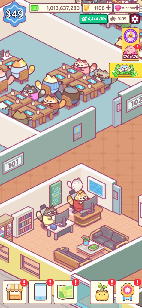 Una colorida vista isométrica de una oficina de dibujos animados donde varios gatos lindos trabajan en escritorios y descansan en una sala de descanso.