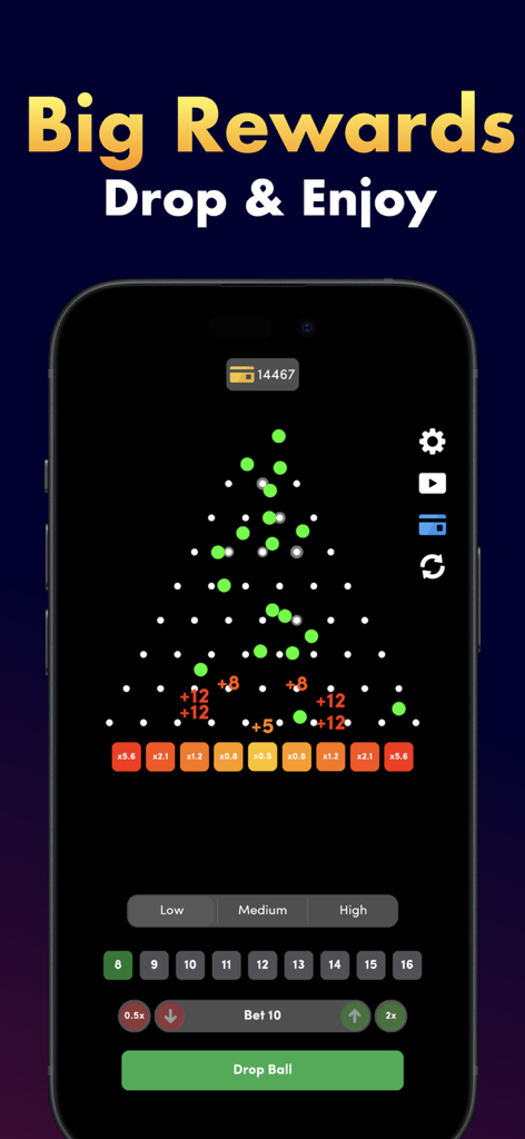 Captura de pantalla del juego de la aplicación Plinko Pyramid Drop que muestra bolas de neón cayendo a través de una pirámide de pines hacia recompensas.