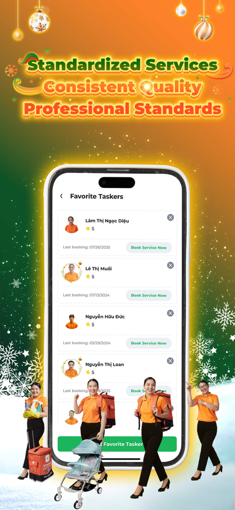 bTaskee - Home Services - Ein Smartphone zeigt den bTaskee App-Bildschirm 'Bevorzugte Tasker' mit einer Liste hochbewerteter Service-Profis und Werbetext über gleichbleibende Qualität und professionelle Standards.
