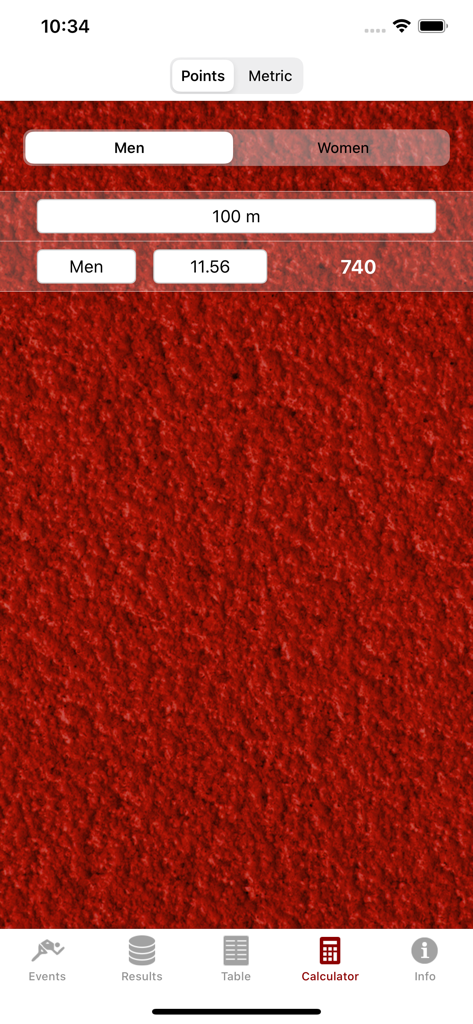 Interfaccia dell'app Calcolatore Punteggi Atletica che mostra il calcolo dei punti per un evento di corsa dei 100 metri