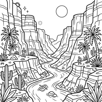 Dive into a breathtaking summer adventure with this volcanic canyon coloring page, featuring dramatic rock formations and serene desert flora. Unleash your creativity as you bring this vibrant, sun-drenched landscape to life with your favorite colors.