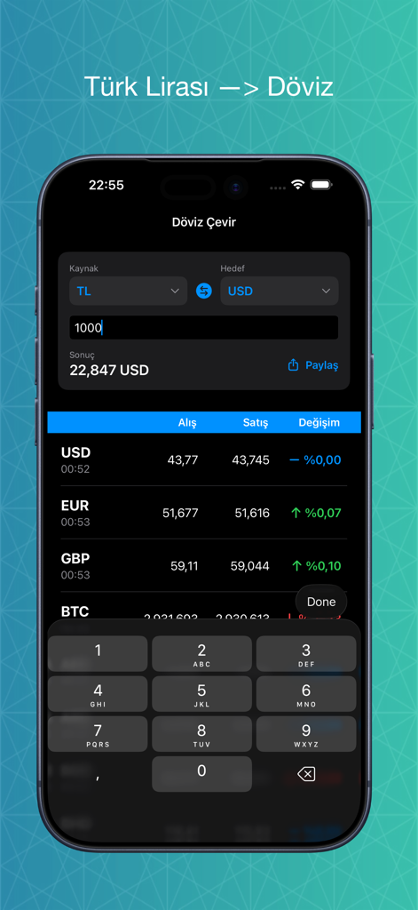 Döviz Çevir - Anlık kur - Doviz Cevir mobile app interface showing Turkish Lira to USD currency conversion with instant exchange rates and buy sell spreads