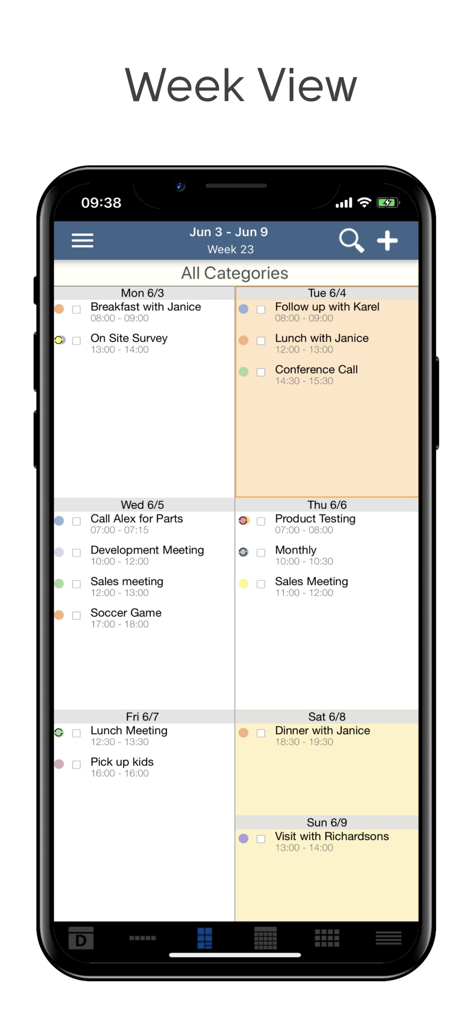 Affichage hebdomadaire du calendrier CRM DejaOffice présentant les rendez-vous et les tâches quotidiennes codés par couleur sur un écran d'iPhone