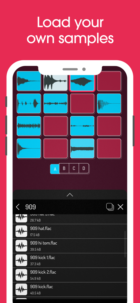 Interface of the Koala Sampler app showing a grid of audio waveform pads and a file browser to load custom drum samples