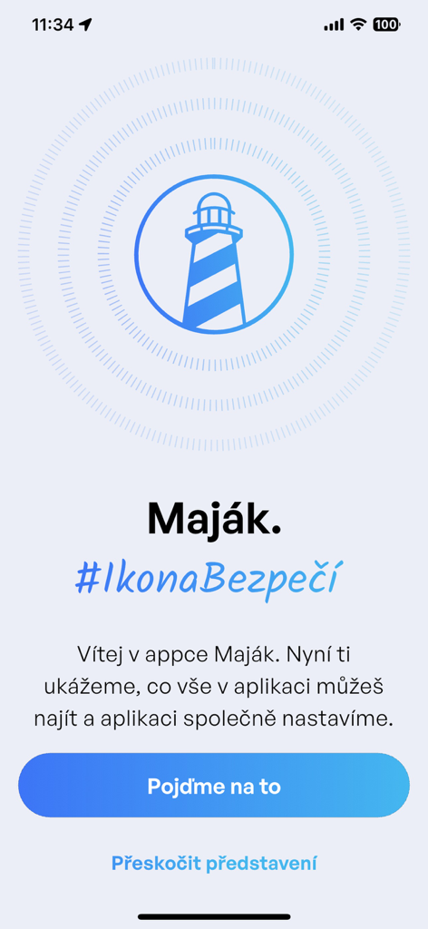 Maják - Pantalla de bienvenida de la aplicación de seguridad personal Majak con un icono de faro y un botón de inicio.