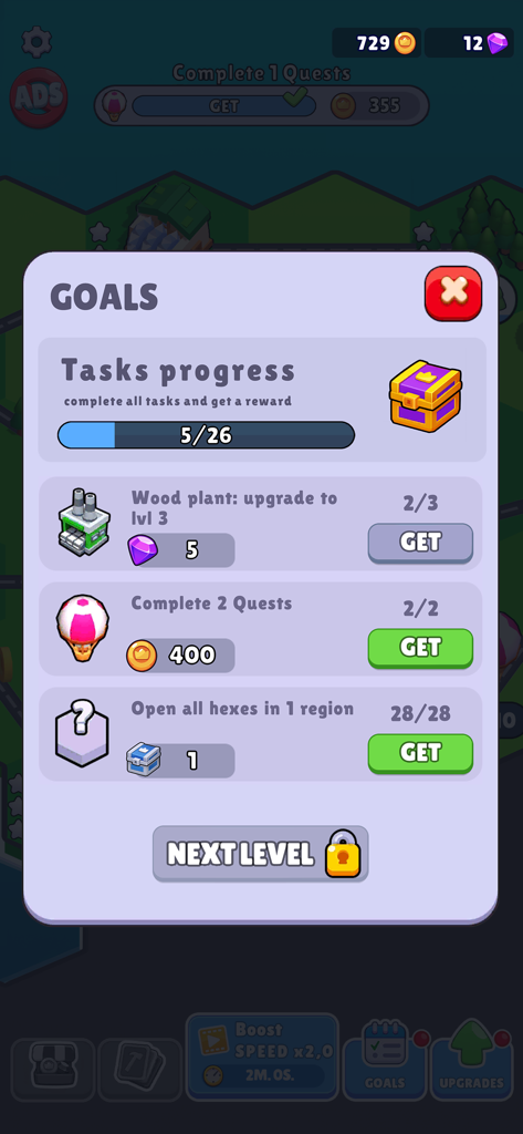 States Builder Trade Empire goals menu showing tasks progress and rewards for upgrading facilities and opening hexes