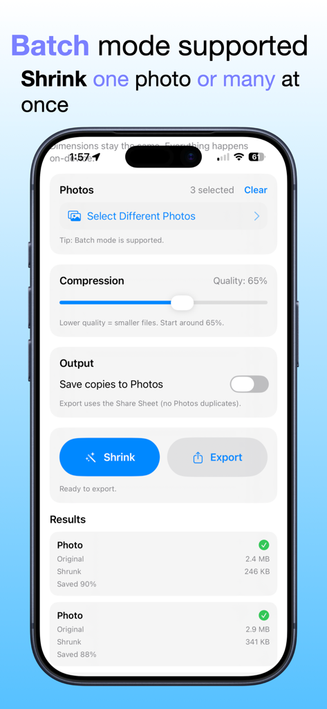 Shrink Photo Size app interface showing batch compression and file size results