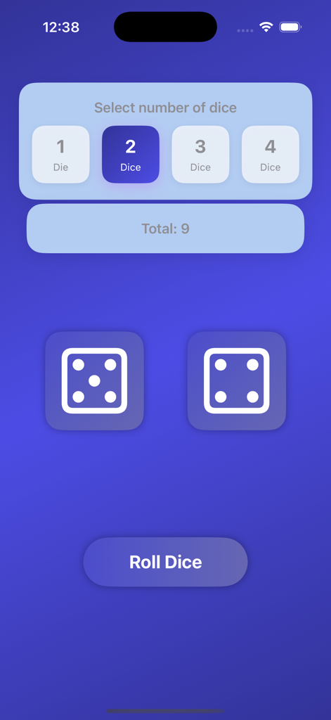 Interfaz de la aplicación Lanzamiento de Dados que muestra dos dados lanzados con un total de nueve sobre un fondo azul